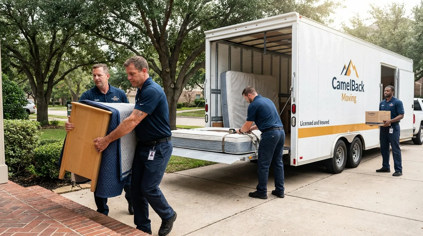 Crew loading residential truck for cross-state move from San Fernando, CA
