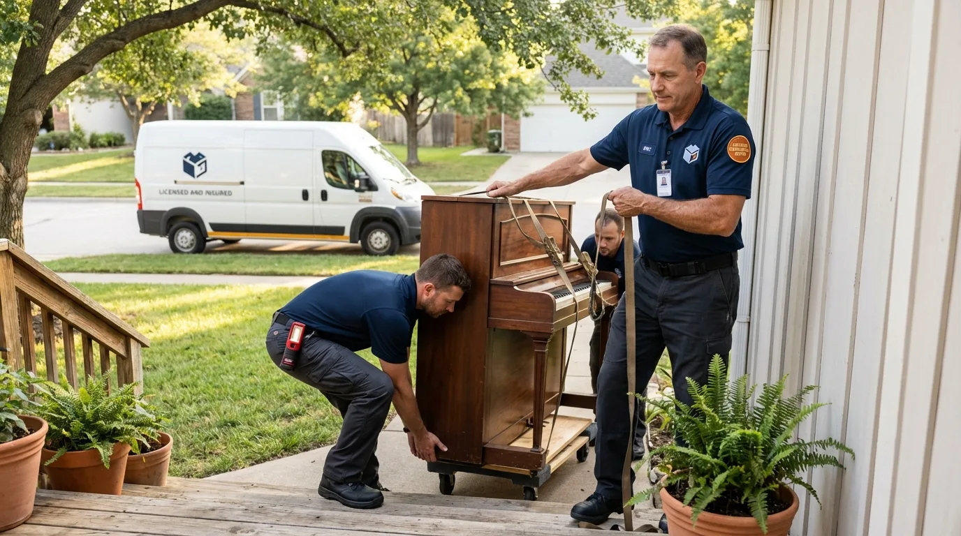 Licensed piano movers securing grand piano in San Fernando, CA