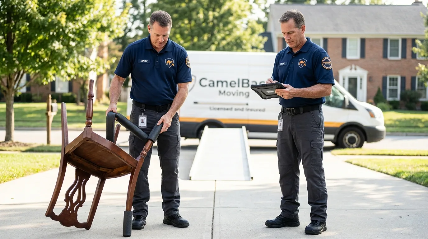 Movers inspecting furniture for damage prevention before loading in San Fernando, CA