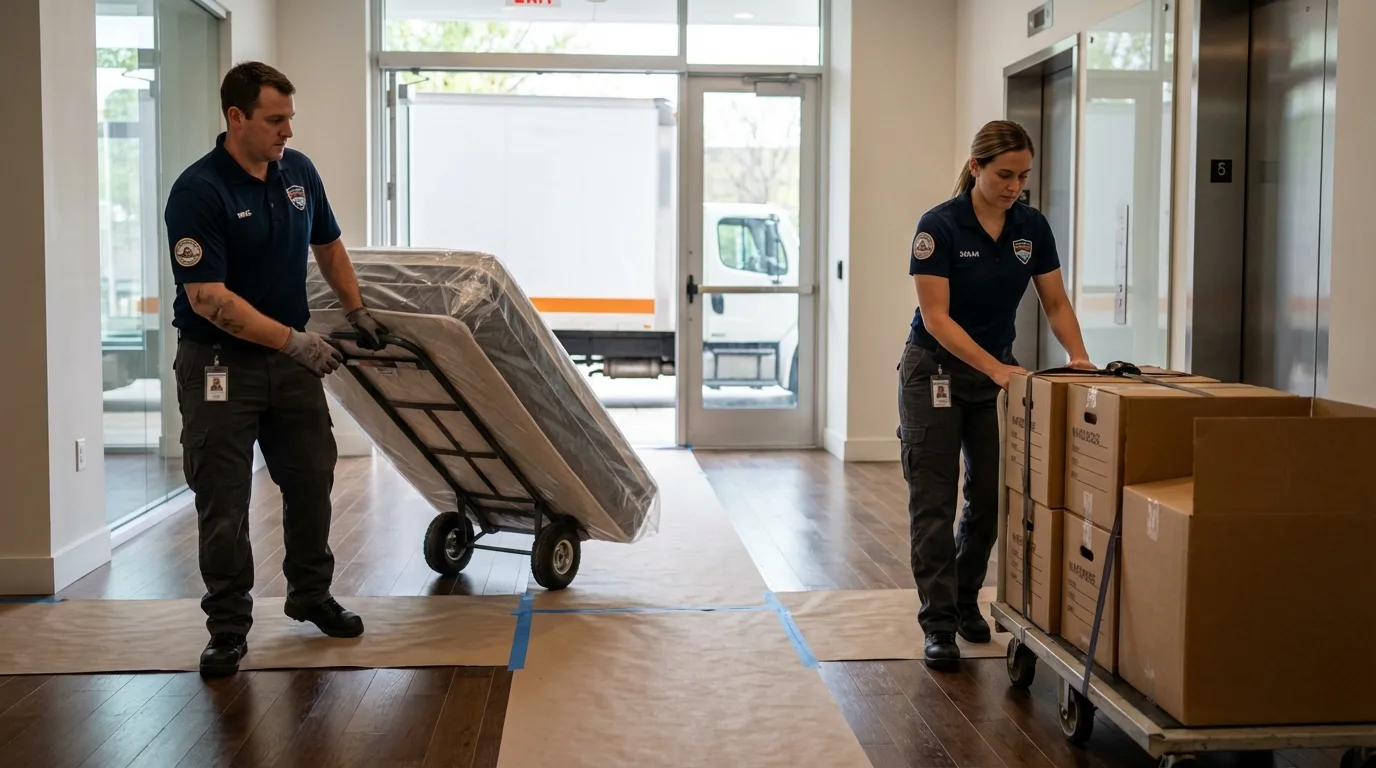 Professional apartment movers loading elevator in San Fernando, CA