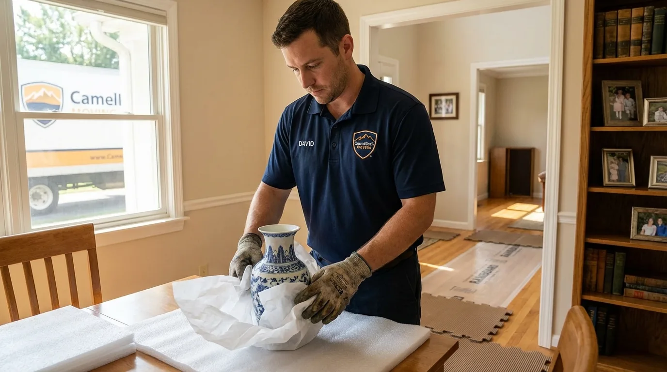 Professional crew carefully wrapping antique vase for senior downsizing move in San Fernando, CA